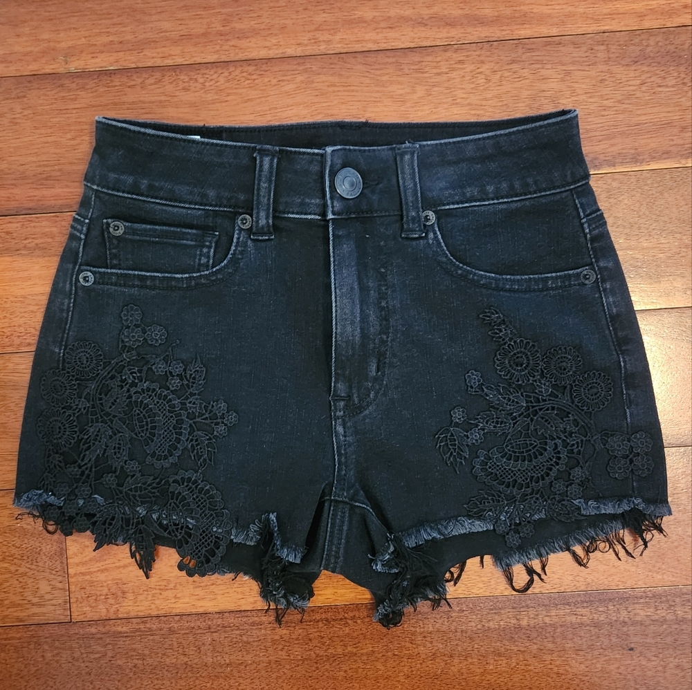 American Eagle Outfitters Dark Jean Shorts with Floral Lace